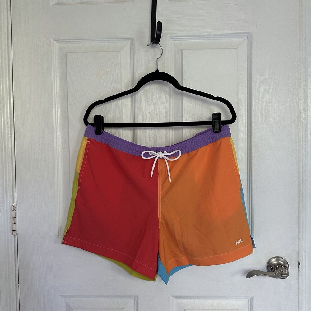 Humankind Unisex L Multicolor Colorblock Swim Shorts Drawstring Trunks 5”